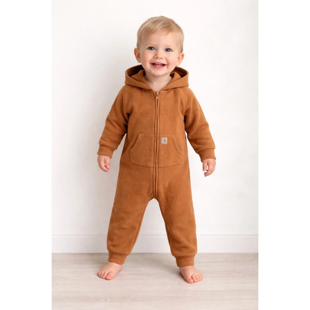 Carhartt Kids baby Orange Brown Full Zip Hooded Fleece Coverall Jumpsuit‎ 9M